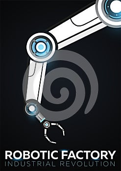 Industry 4.0 banner with robotic arm. Smart industrial revolution, automation, robot assistants. Vector illustration.