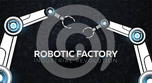 Industry 4.0 banner with robotic arm. Smart industrial revolution, automation, robot assistants. Vector illustration.