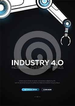 Industry 4.0 banner with robotic arm. Smart industrial revolution, automation, robot assistants. Vector illustration.