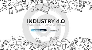 Industry 4.0 banner. Smart industrial revolution, automation, robot assistants. Vector illustration.