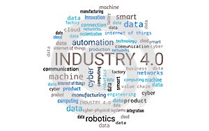 Industry 4.0 concept as word collage or word cloud, round shape, words in blue, gray, black