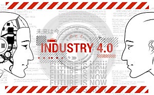 Industry 4.0 concept banner. Robot and human