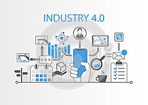 Industry 4.0 concept with hand holding modern bezel free smart phone