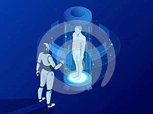 Industry 4.0 Cyber-Physical Systems concept. Isometric robot cyborg with artificial intelligence working on abstract hud