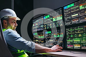 Industry 4.0. Head engineer control production line with computer screens. Factory operator following assembly process uses human-