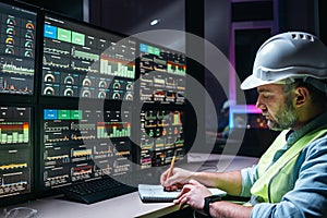 Industry 4.0. Head engineer control production line with computer screens. Factory operator following assembly process uses human-