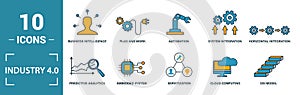 Industry 4.0 icon set. Include creative elements automation, data management, business intelligence, horizontal integration, osi