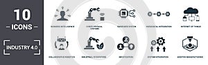 Industry 4.0 icons set collection. Includes simple elements such as Business Intelligence, Cyber Physical Systems, Embedded System