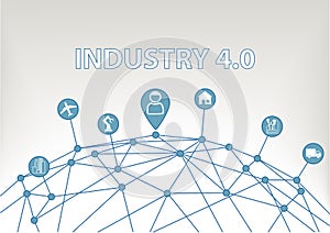 Industry 4.0 illustration background with world grid and consumer connected to devices like industrial plants, robots