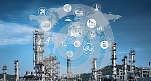 Industry 4.0 Oil refinery and double exposure icon concepts, networking and data exchange and modern technology for the world indu