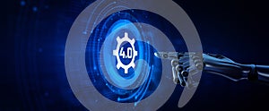 Industry 4.0 Smart manufacturing lean business innovation technology concept. Robot hand pressing button 3d render