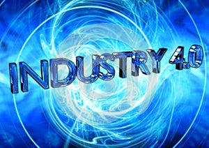 Industry 4.0 text, poster, conceptual on abstract blue background with waves of energy spread