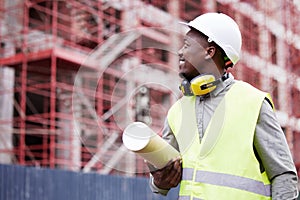 Industry, architecture and black man construction worker on site for building repairs or maintenance. Contractor, career