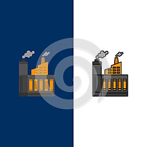 Industry, Building, Construction, Factory, Smoke  Icons. Flat and Line Filled Icon Set Vector Blue Background