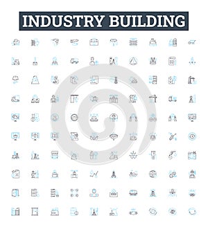 Industry building vector line icons set. Construction, Manufacturing, Investment, Fabrication, Outfitting, Engineering