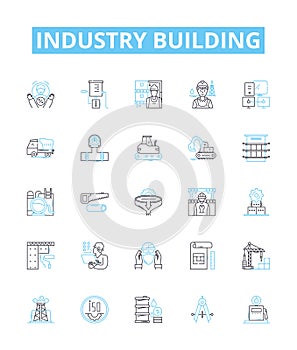 Industry building vector line icons set. Construction, Manufacturing, Investment, Fabrication, Outfitting, Engineering