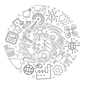 Industry 4.0 circle background from line icon. Linear vector pattern.