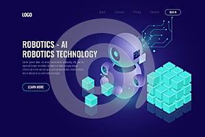Industry 4.0 concept, big data isometric robotics technology, automating the process with a robot, organize and sort photo