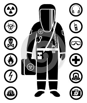 Industry concept. Black silhouette of worker in protective suit. Safety and health vector icons. Set of signs: chemical