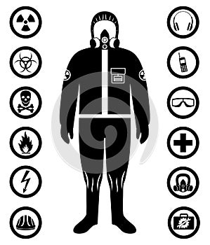 Industry concept. Black silhouette of worker in protective suit. Safety and health vector icons. Set of signs: chemical