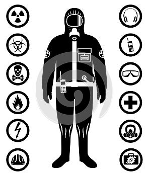 Industry concept. Black silhouette of worker in protective suit. Safety and health vector icons. Set of signs: chemical,