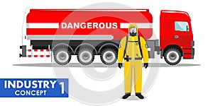 Industry concept. Detailed illustration of cistern truck carrying chemical, radioactive, toxic, hazardous substances and