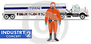 Industry concept. Detailed illustration of cistern truck carrying chemical, radioactive, toxic, hazardous substances and worker in
