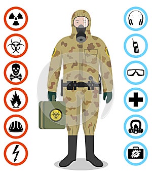 Industry concept. Detailed illustration of soldier in camouflage protective suit. Safety vector icons. Set of
