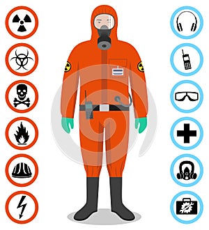 Industry concept. Detailed illustration of worker in orange protective suit. Safety and health vector icons. Set of