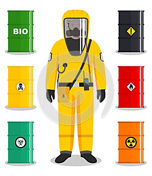 Industry concept. Detailed illustration of worker in protective suit. Metal barrels for oil, biofuel, explosive