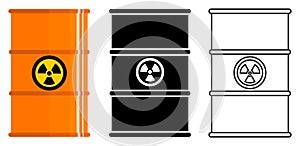 Industry concept. Set of different barrels for radioactive, toxic, hazardous, dangerous, flammable and poisonous