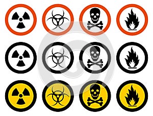 Industry concept. Set of different signs: chemical, radioactive, dangerous, toxic, poisonous, hazardous substances