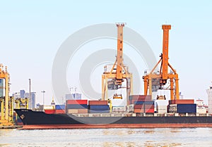 Industry container ship on port for import export goods trading and shipping business