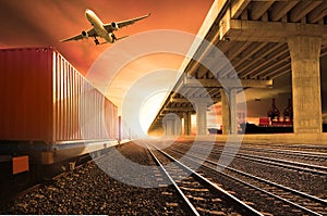 Industry container trains running on railways track cargo plane photo