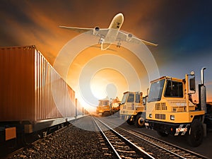 Industry container trainst running on railways track plane cargo photo