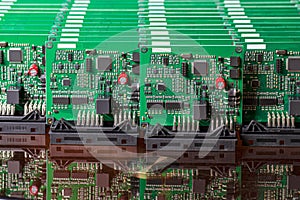 Industry of Electronics Ideas. Front View of Large Batch of Ready ABS Automotive Printed Circuit Boards with Number of  Soldered