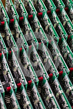 Industry of Electronics Ideas. Upper View of Large Batch of Ready ABS Automotive Printed Circuit Boards with Number of  Soldered