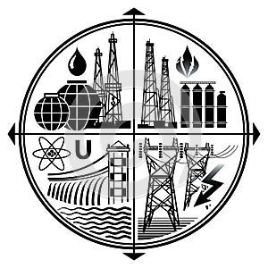 Industry Emblem of Energy Resources: Oil, Gas, Electricity, Nuclear And Hydro Power. 