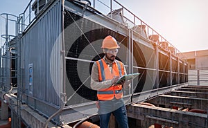 Industry engineer under checking the industry cooling tower air conditioner is water cooling tower air chiller HVAC of large indus