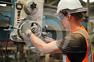 Industry engineer worker operate control heavy machine in factory.
