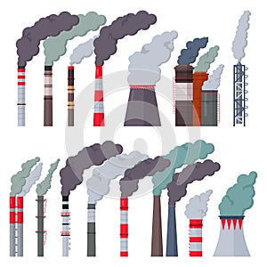 Industry factory vector industrial chimney pollution with smoke in environment illustration set of chimneyed pipe