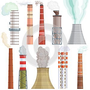 Industry factory vector industrial chimney pollution with smoke in environment illustration set of chimneyed pipe