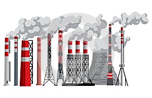 Industry factory .Vector industrial chimney pollution with smoke in environment illustration. Set of chimneyed pipe