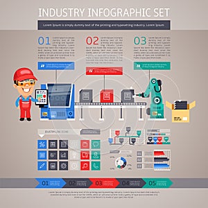 Industry Infographic Set with Factory Conveyor and