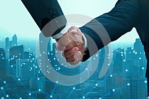 Industry investment and telecommunication business concept, business people team join and handshake and negotiate for mergers and