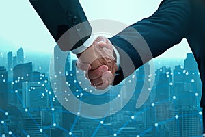 Industry investment and telecommunication business concept, business people team join and handshake and negotiate for mergers and photo