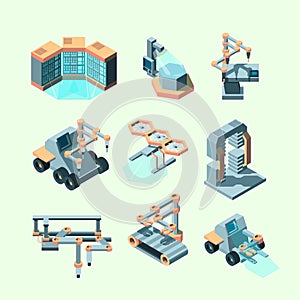 Industry isometric. Smart machinery robotic remote control production processes electronic equipment intellegence tools photo