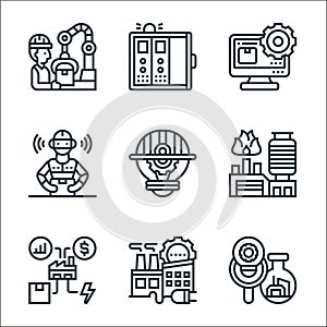industry line icons. linear set. quality vector line set such as research, industry, industry, petroleum, engineering, robot,