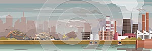 Industry, manufacture polluted landscape vector illustration, cartoon flat urban cityscape, industrial zone with