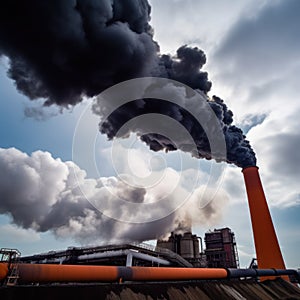 Industry metallurgical pipe with heavy black smoke causing air pollution. Ecology AI generative illustration